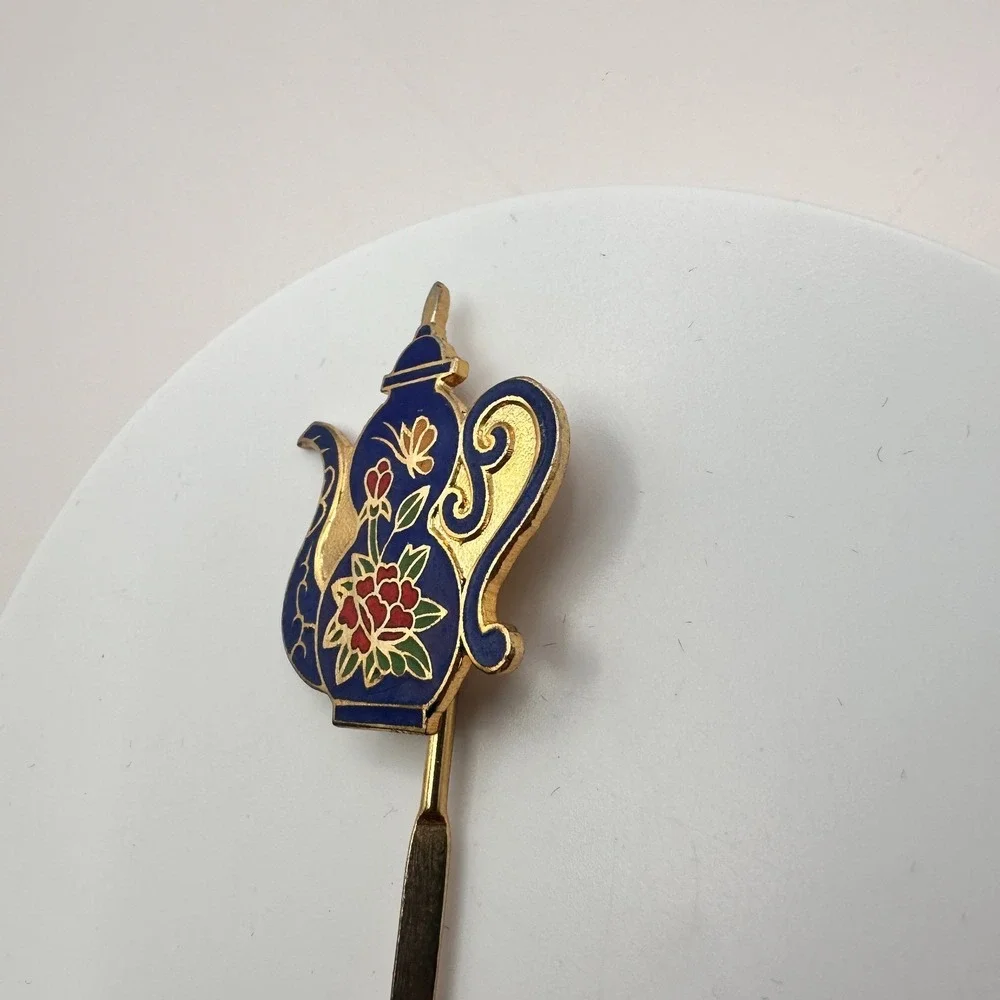 Vintage 90s Cloisonne Teapot‎ Hair Sticks Gold Tone Blue Enamel Women's Jewelry